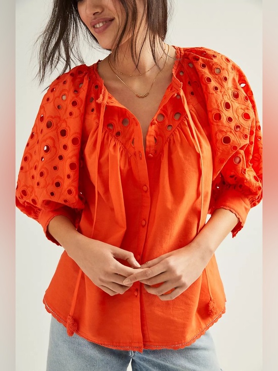 Anthropologie Tops - Anthropologie Women’s Chantal Orange Red Eyelet Puff-Sleeve Button Blouse Small